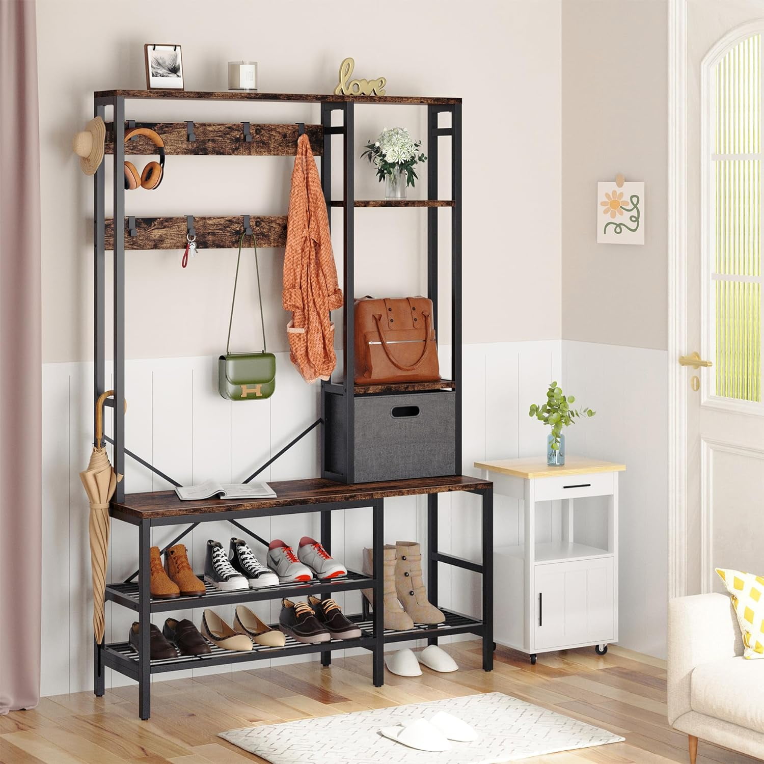 Hall Tree Free Standing Coat Rack 5in1 Hall Tree with Bench and Shoe