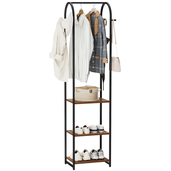 Hall Tree Rustic Brown and Black with Arched Top, 71" H Freestanding Garment Rack with 3 Shelves and 4 Hooks