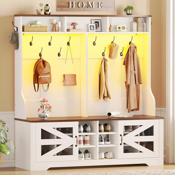 Hall Tree with Shoe Bench, 5-in-1 Entryway Bench with 16 Shoe Cubbies, Barn Door, 10 Coat Rack, Top Shelves & Side Hooks, Farmhouse Hall Tree for Living Room, Space Saving, White & Brown
