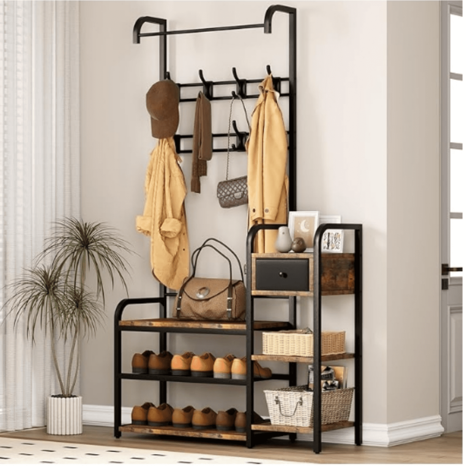 Hall Tree Shoe Bench, 5-in-1 Hall Tree Storage Bench for Entryway, 8 ...