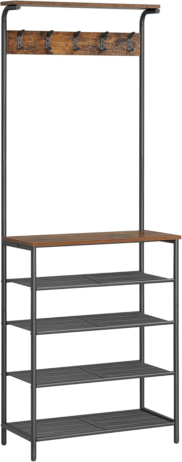 Rustic Brown and Black Industrial Hall Tree with 5-Tier Shoe Rack