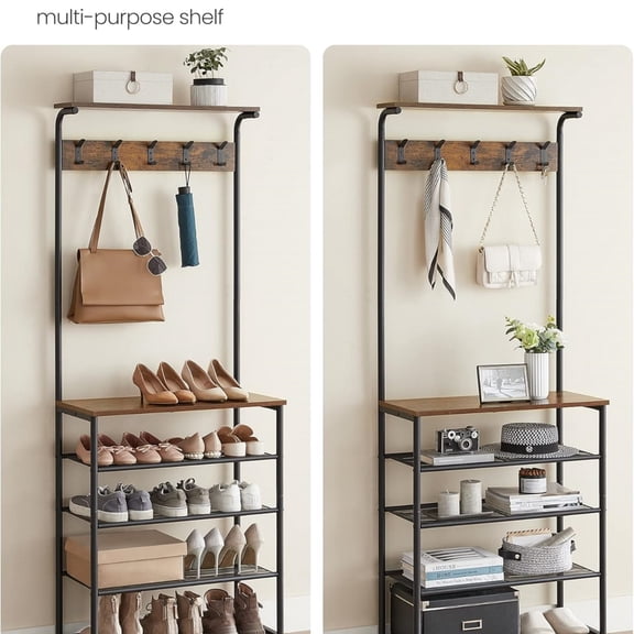 Hall Tree with Shoe Bench, Coat Rack Shoe Bench, 5-Tier Shoe Rack Different Heights, 5 Dual Hooks, Top Shelf, Entryway Organizer, Hallway Bedroom Dorm, Rustic Brown and Black