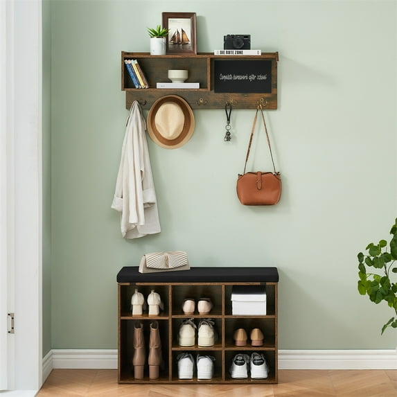 Hall Tree Shoe Bench Industrial 6 in 1 Coat/Shoe Rack with 5 Hooks, 12 Storage Cubbies with Bookshelf and Small Blackboard, for Entryway, Hallway, Living Room