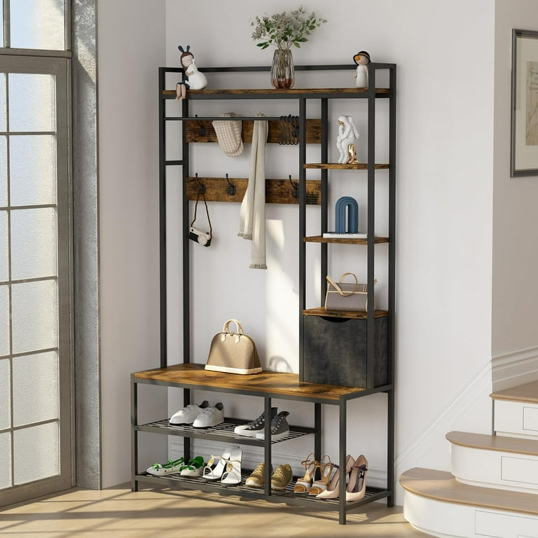Hall Tree Shoe Bench Wooden Coat Rack Set Shoe Clothes Rack Storage Rack Shoe Rack for Entry Shoe Changing Stool 5 in 1Storage Rack Clothes Rack Furniture for Bedroom Corridor Office Brown