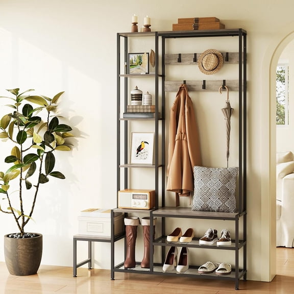 Hall Tree with Shoe Storage Bench Coat Rack with 7 Hooks Interchangeable 4 Tier Side Storage Shelves Small Cute Side Bench Industrial 5-in-1 Entryway Coat Rack for Hallway Mudroom Bedroom