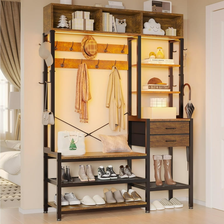 Rustic Brown Hall Tree Shoe Storage Bench Coat Rack 3 Cubbies 5 Shelves 17 Hooks 2 Drawers Walmart