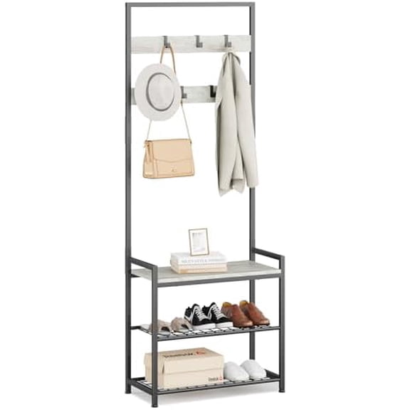 Hall Tree with Shoe Storage Bench - Entryway Bench with Coat Rack and Hooks - 3-in-1 Small Hall Tree for Entry Way, Entrance, Hallway, Doorway, Front Door, Mudroom, Small Space - Greige