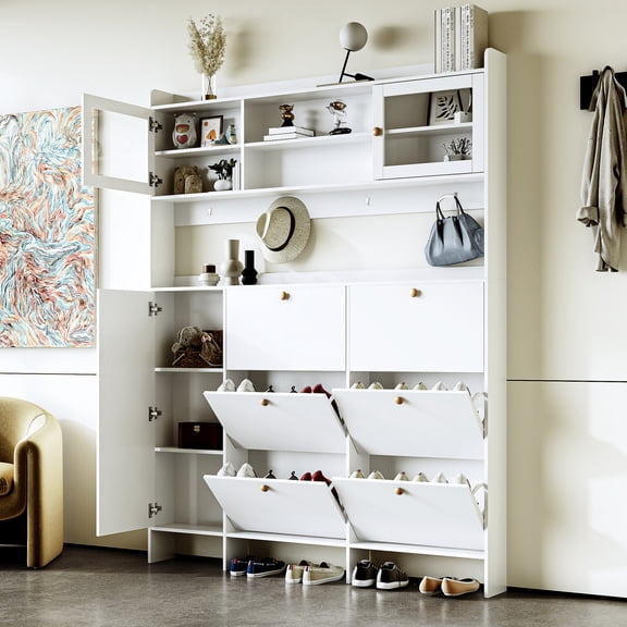 Hall Tree Shoe Storage | With Smooth Tempered Glass Doors in Hallway | Made of Durable Particle Board | Improves Home's Visual Charm