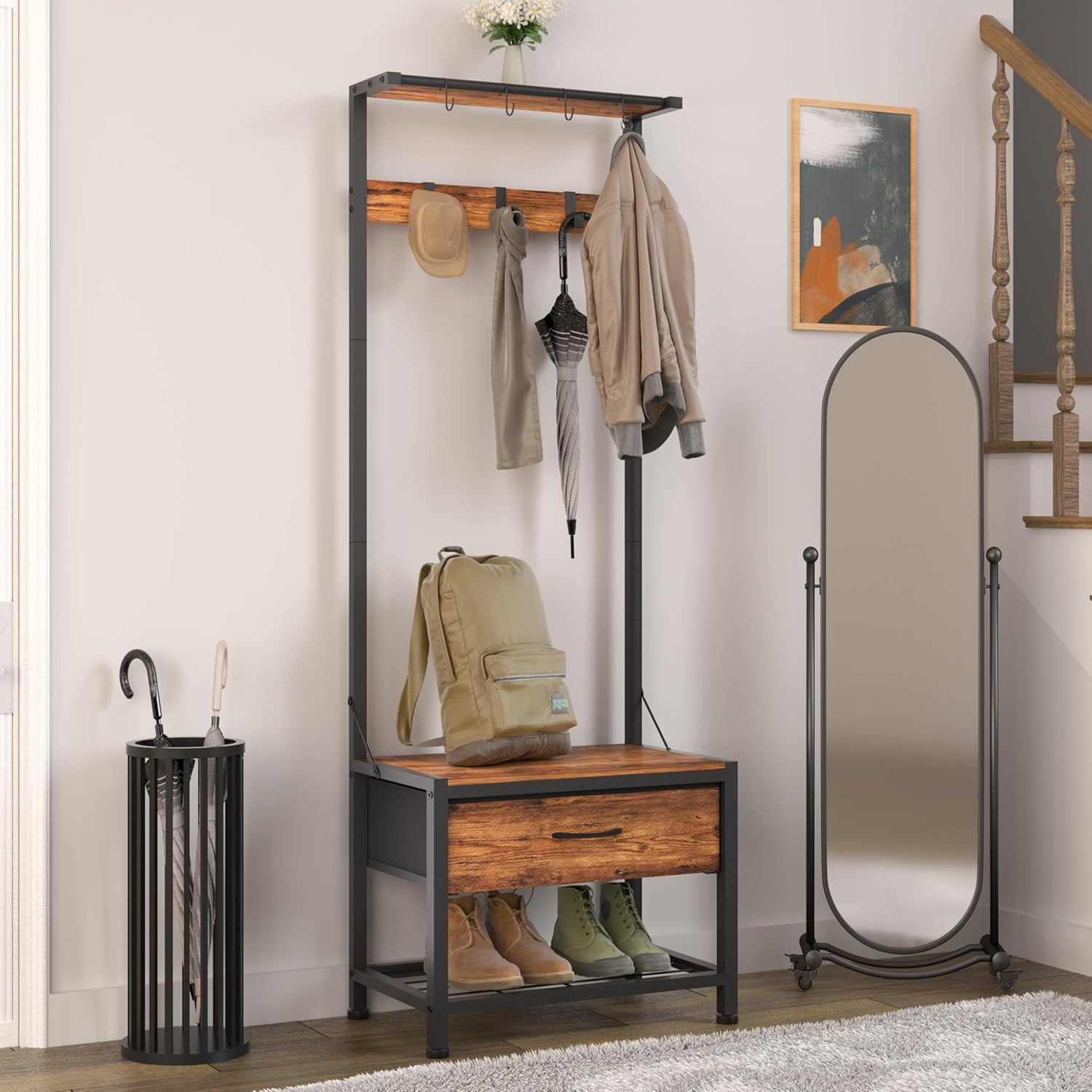 Hall Tree with Shoes Bench, Small Coat Rack with Fabirc Drawer and ...