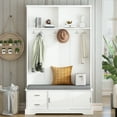thumbnail image 1 of Hall Tree with Sliding Doors,Versatile Coat Rack with 6 Silvery Hooks & Handles,Elegant Mudroom Bench Cabinet with Shoe Storage & 44.4"W Cushion for Hallway, Living Room, White, 1 of 7