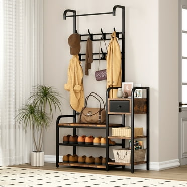 Hall Tree Storage Bench for Entryway, Coat Rack Shoe Bench with Storage Drawer, 5-in-1 Coat Rack Storage Shelf and 8 Hooks, Coat Tree for Small Spaces, Entryway, Bedroom