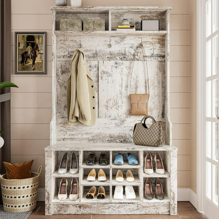 Hall Tree Storage Bench Shoe Rack for Entryway Hall Tree with Bench and Adjustable Shoe Storage Vintage White Walmart