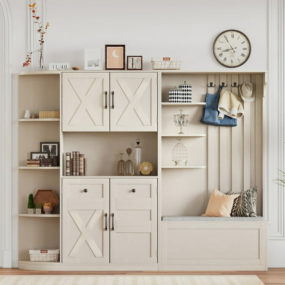 Hall Tree with Storage Cabinet, Multi-Purpose Left-Right Combination Entryway Cabinet with 4 Hooks, Bench and Open Shelving for Living Room, Hallway, Beige