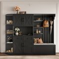 thumbnail image 1 of Hall Tree with Storage Cabinet, Multi-Purpose Left-Right Combination Entryway Cabinet with 4 Hooks, Bench and Open Shelving for Living Room, Hallway, Black, 1 of 8