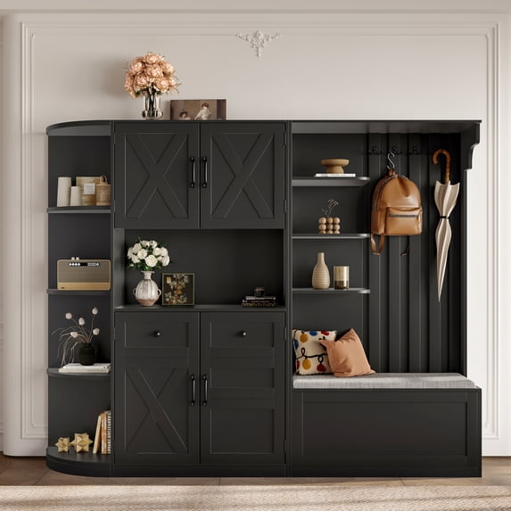 Hall Tree with Storage Cabinet, Multi-Purpose Left-Right Combination Entryway Cabinet with 4 Hooks, Bench and Open Shelving for Living Room, Hallway, Black