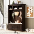 thumbnail image 1 of Hall Tree with Upholstered Bench and Coat Rack, Entryway Bench with 3 Hooks, 3 Open Shelves, 2 Drawers & Storage Cabinets, Mudroom Bench with Storage and Hooks for Foyer, Entry Way, Hallway (Tiger), 1 of 9
