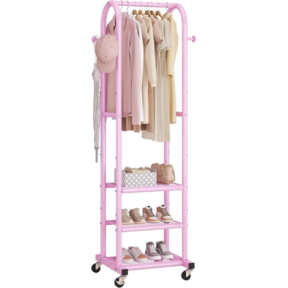 Hall Tree with Wheels and Hanging Hooks, Entryway Clothing Rack with Shoe Shelves,Pink Decorative Freestanding Metal Garment Rack Suitable for Hallway,Bedroom and Bathroom – Pink