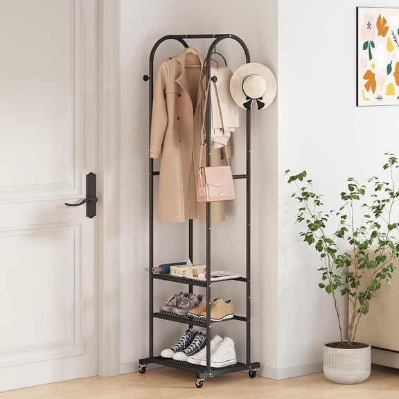 Hall Tree with Wheels and Hanging Hooks,Heavy-Duty Metal Coat Rack with Shoe Shelves,3-in-1 Narrow Entryway Storage for Small Space,Suitable for Hallway,Bedroom and Bathroom,Black
