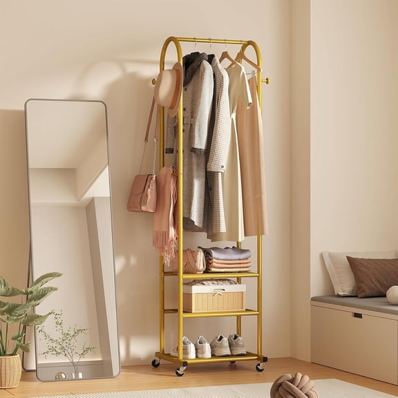Hall Tree with Wheels and Hanging Hooks,Heavy-Duty Metal Coat Rack with Shoe Shelves,3-in-1 Narrow Entryway Storage for Small Space,Suitable for Hallway,Bedroom and Bathroom,Gold