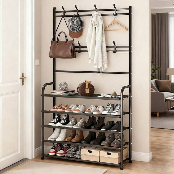 Hall Tree With 5-Tier Shoe Shelf And 8 Adjustable Metal Hooks Coat Rack,