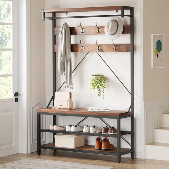 Hall Tree With Bench, Shoe Storage & 8 Hooks, Standard Finish, 39.9W x
