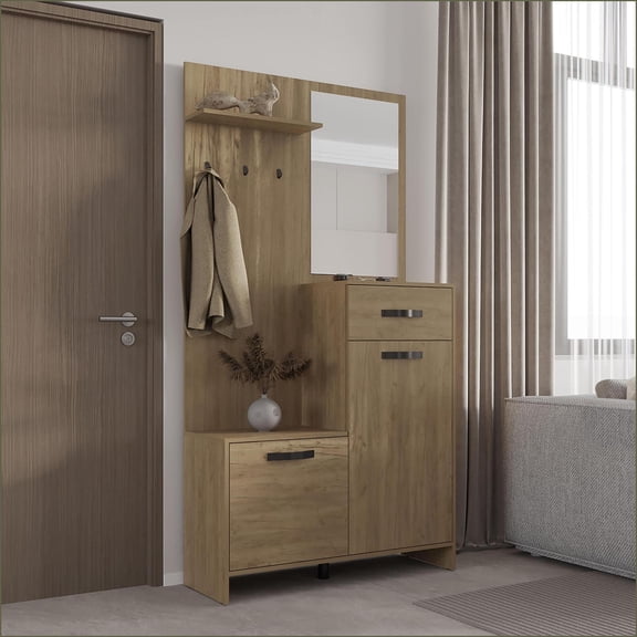 Hall Tree with 2 Doors, 1 Drawer, 3 Hooks & Mirror | Engineered Wood | Coat Racks
