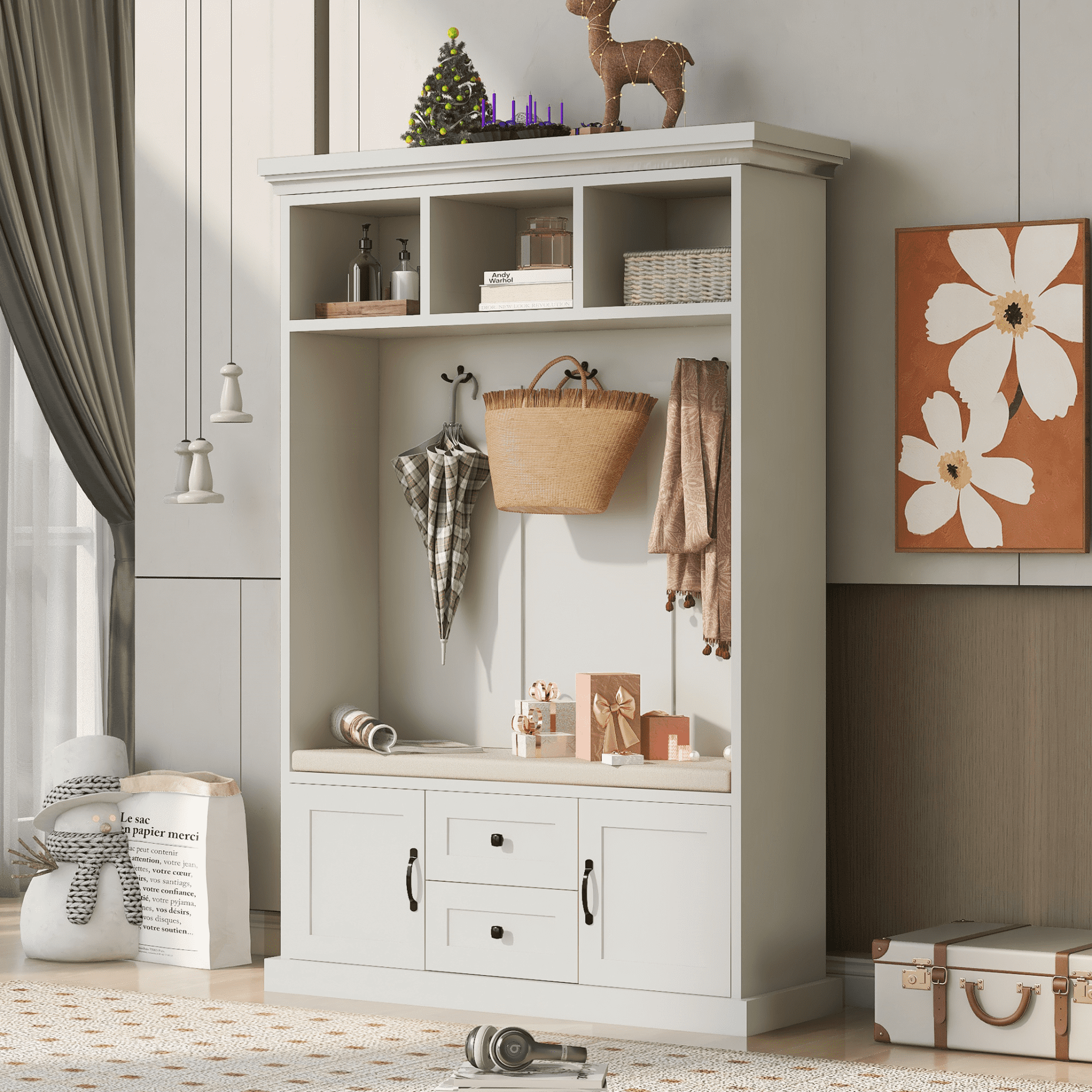 Hall Tree with 3 Hooks Narrow Large Wooden Cabinet for Entryway Hallway Front Door Entrance Mudroom Corner Home Organizer Furniture