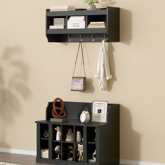 Hall Tree with 4 Hanging Hooks | Adjustable Storage in Primary Living Space | Particle Board Construction | Support Weight of Many Things