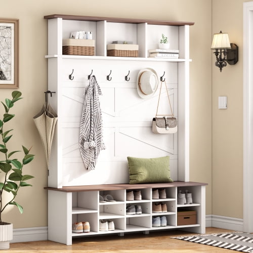 Hall Tree with 6 Hooks & Storage Bench, Farmhouse 4-in-1 Entryway Organizer with Adjustable Shoe Shelves, Coat Rack for Mudroom Living Room, White