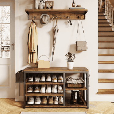 Noelse Hall Tree with Bench, 4 in 1 Coat Rack Set, Industrial Bench with 5 Hooks, 5 Storage Shoe Cubbies, for Entryway, Hallway, Rustic Brown