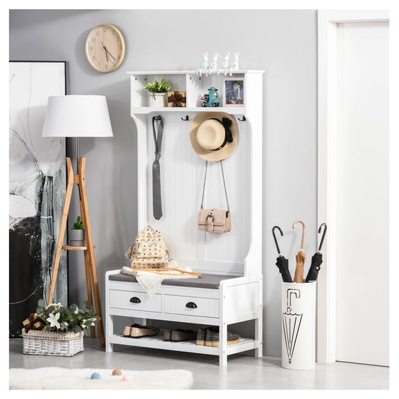 Hall Tree with Bench & Coat Rack, Mudroom Organizer with Shoe Storage, 2 Drawers, 4 Hooks, Padded Seat, Entryway Furniture - White