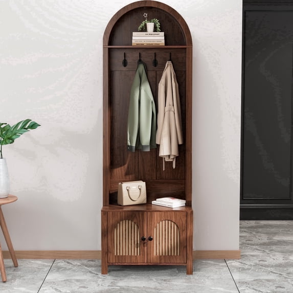 Material Rack Tree Design Hall Tree with Bench, Entryway Coat Rack with 4 Hooks and Shoe Storage ...