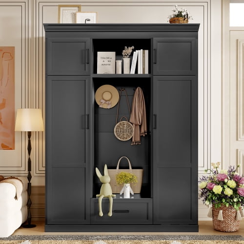 Hall Tree with Bench, Modern Entryway Storage Cabinet with 3 Hooks, 4 Doors & 1 Drawer, Large 85.2" Hallway Organizer for Shoes and Coats, Black