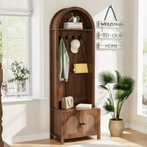Hall Tree with Bench & Shoe Storage, 71" Arch Entryway Coat Rack with 4 Hooks & 2 Fluted Doors, Farmhouse Organizer, 23.7"W