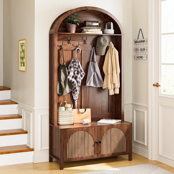 Hall Tree with Bench & Shoe Storage, 71" Arch Entryway Coat Rack with 4 Hooks & 2 Fluted Doors, Farmhouse Organizer, 39.37"W
