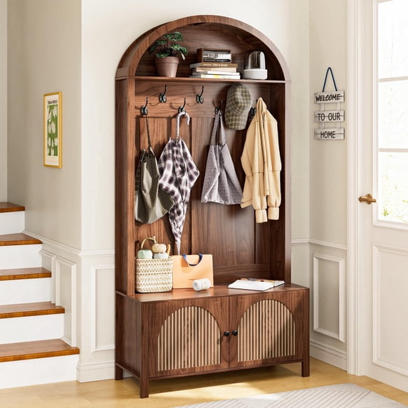 Hall Tree with Bench & Shoe Storage, 71" Arch Entryway Coat Rack with 4 Hooks & 2 Fluted Doors, Farmhouse Organizer, 39.37"W