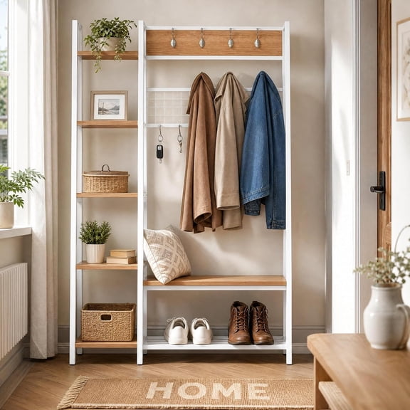 Hall Tree with Bench & Shoe Storage – Entryway Coat Rack with 11 Hooks, 5-Tier Shelves – Industrial Mudroom Storage for Front Door