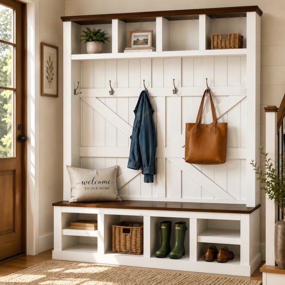 Hall Tree with Bench & Shoe Storage, Entryway Coat Rack with 6 Double Hooks, 4 Top Cubbies & 4 Bottom Cubbies, Adjustable Shelves, White