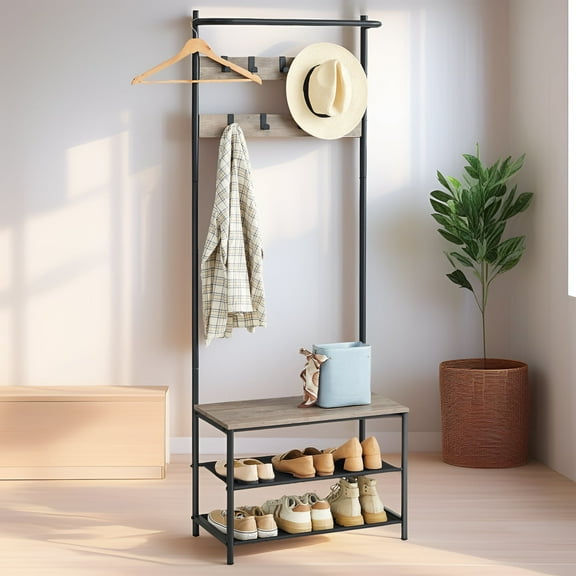 Hall Tree with Bench and Shoe Storage, Coat Rack Stand with 9 Movable Hooks, Top Bar, Fabric Shelves, Entryway Storage, Industrial, Greige and Black