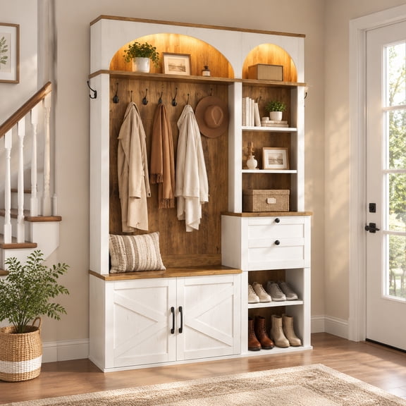 Hall Tree with Bench & Shoe Storage, Farmhouse Entryway Organizer with LED Light, 7 Hooks Adjustable Shelves Drawers, for Mudroom
