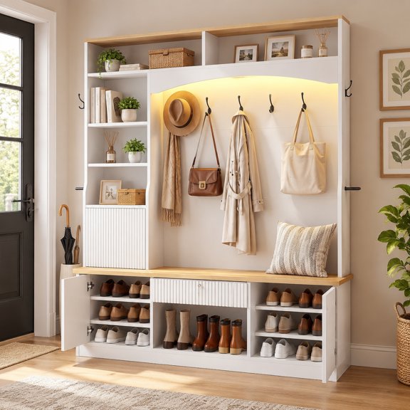 Hall Tree with Bench & Storage, 75" Entryway Bench Double-tier Hooks Shoe Cabinet, LED Lights Tall Organizer for Entryway Bedroom Mudroom White