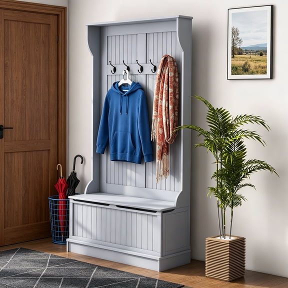 Hall Tree with Bench and Shoe Storage, 3-in-1 Entryway Bench with Coat Rack, 5 Hooks and Flip Top Storage Compartment, Gray
