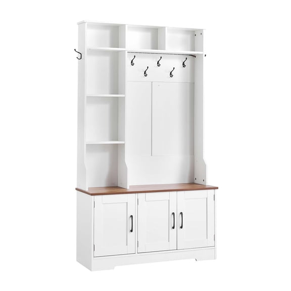 Hall Tree with Bench and Shoe Storage 39 Inch Entryway Mudroom Storage Shelves Adjustable Shoe Rack Hanging Hooks LED Light Wood White