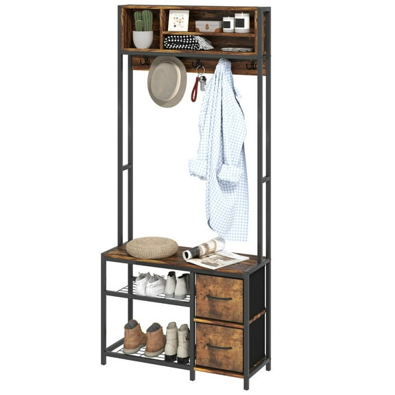 Hall Tree with Bench and Shoe Storage: 5-in-1 Entryway Bench with Coat Rack, 3 Storage Shelves, 2 Fabric Drawers, Brown