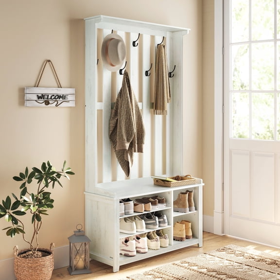 Hall Tree with Bench and Shoe Storage, Coat Rack with Shoe Bench, 7 Double Hooks for Jackets, Hats, 13.8 x 31.9 x 70.9 Inches, Rustic White