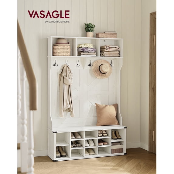 Farmhouse Entryway Hall Tree Bench - 16 Open Compartments, 6 Tri-Hooks, Shoe Storage & Coat Rack, Space-Saving Design, Rustic White