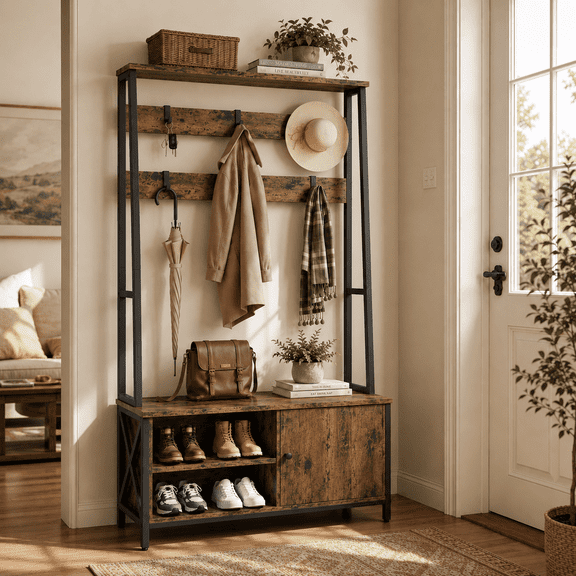 Vividwood Hall Tree Industrial Bench and Shoe Storage Coat Rack with 6 Hooks, Rustic Brown, 31.5 Inch Width