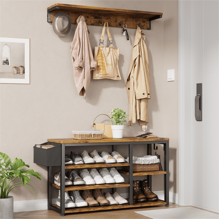 Lofka Wooden Furniture Entryway Bench with 4-in-1 Coat Rack, Shoe