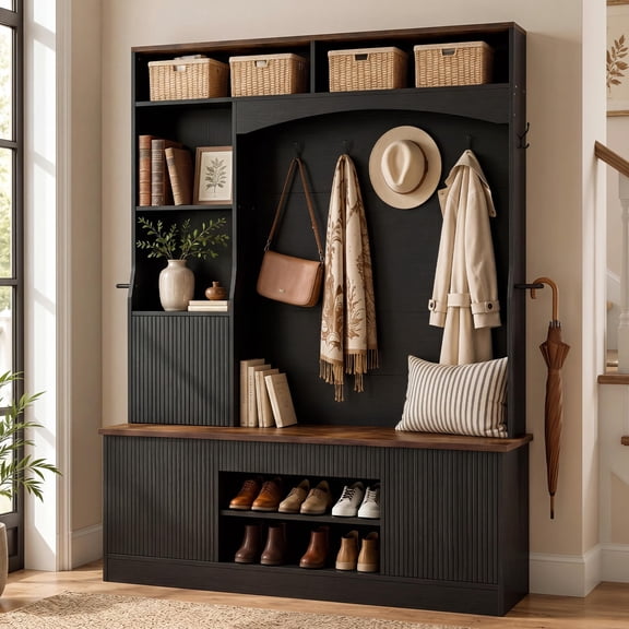 Hall Tree with Bench and Storage, 75" Entryway Bench with Double-tiered Hooks, Shoe Cabinet & LED Lights, Black for Entryway Bedroom Mudroom