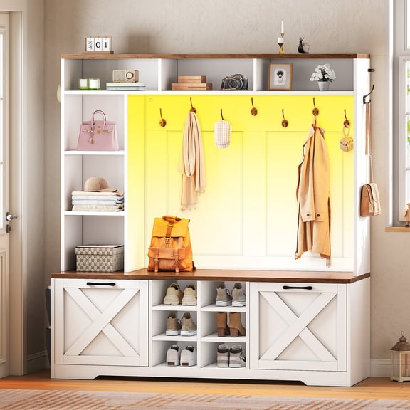 Hall Tree with Coat Rack, Bench and Shoe Storage, 59.1" Farmhouse Entryway Bench with Flip Drawers and Led Lights